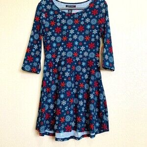 Just one blue dress women snowflake fit and flare  long sleeve dress size M